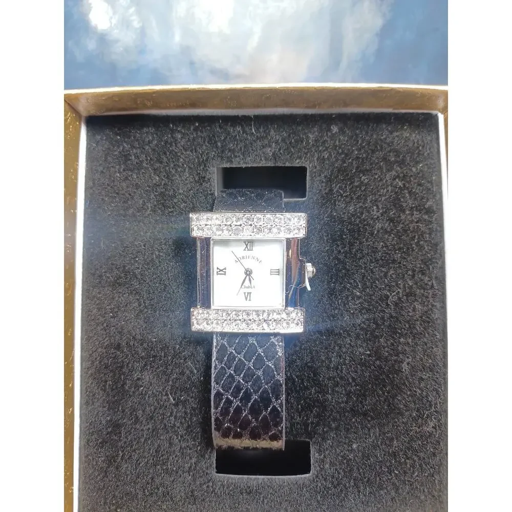 Adrienne Club A Mother Of Pearl White Rhinestone Silvertone Black Band With Box - Picture 2 of 8